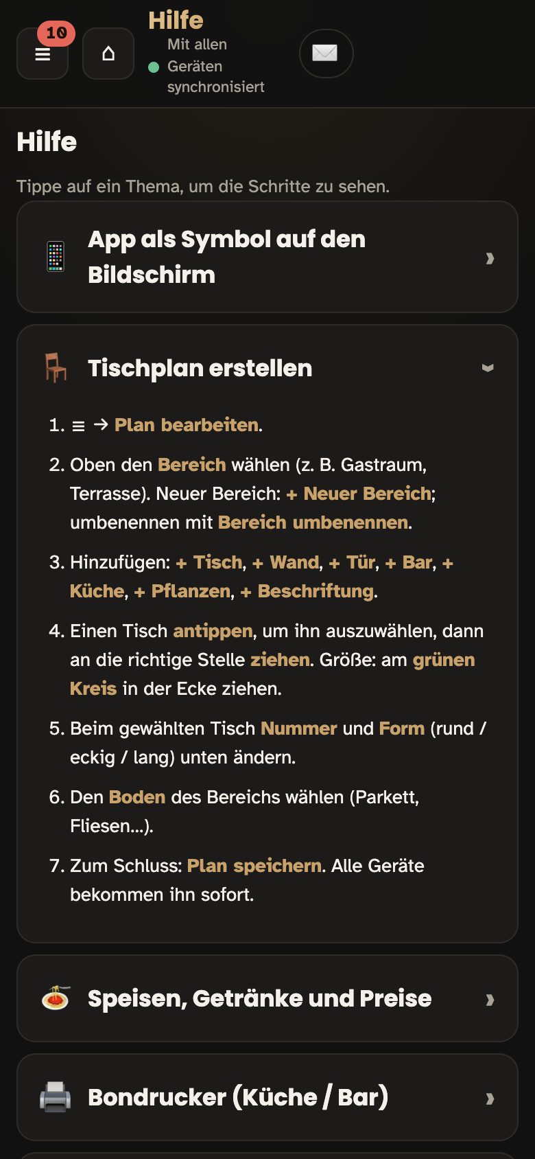 Hilfe in der App