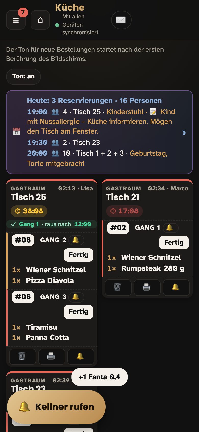Küche: alle Bons, Fertig-Taste