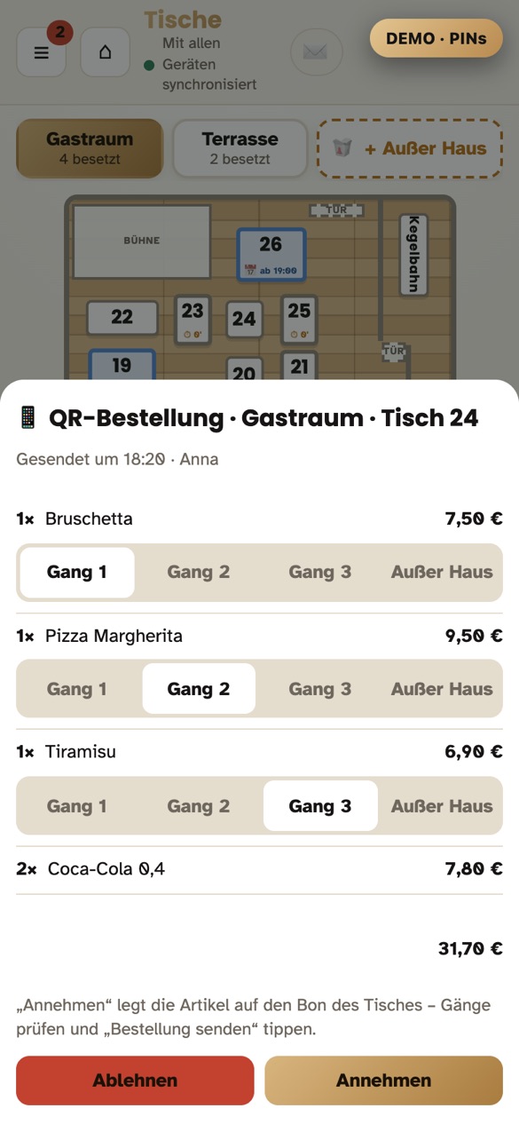 Der Kellner prüft und nimmt an