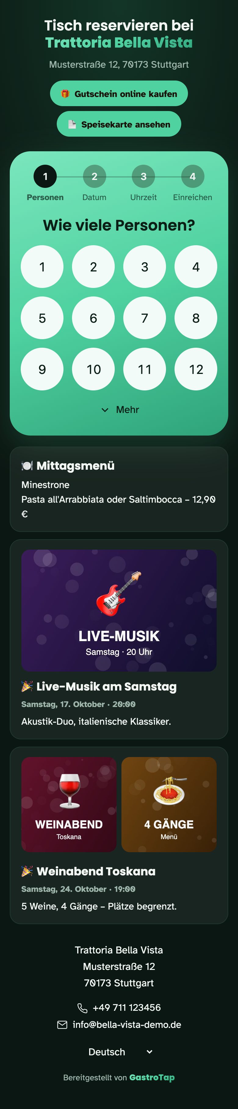 Reservierungsseite mit Gutschein, Mittagsmenü und Events