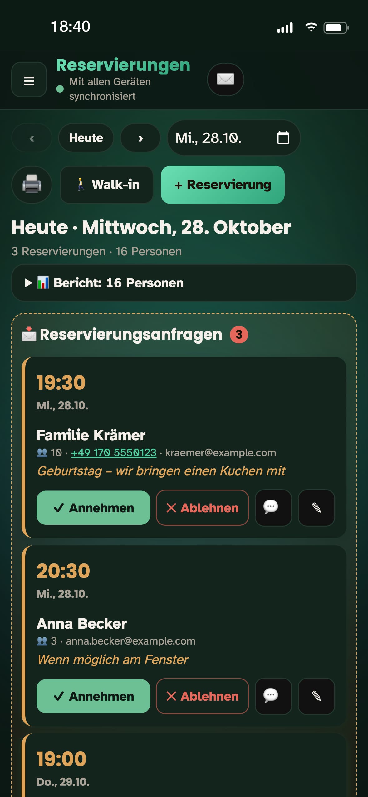 Neue Reservierungsanfrage: Familie Krämer, 10 Personen