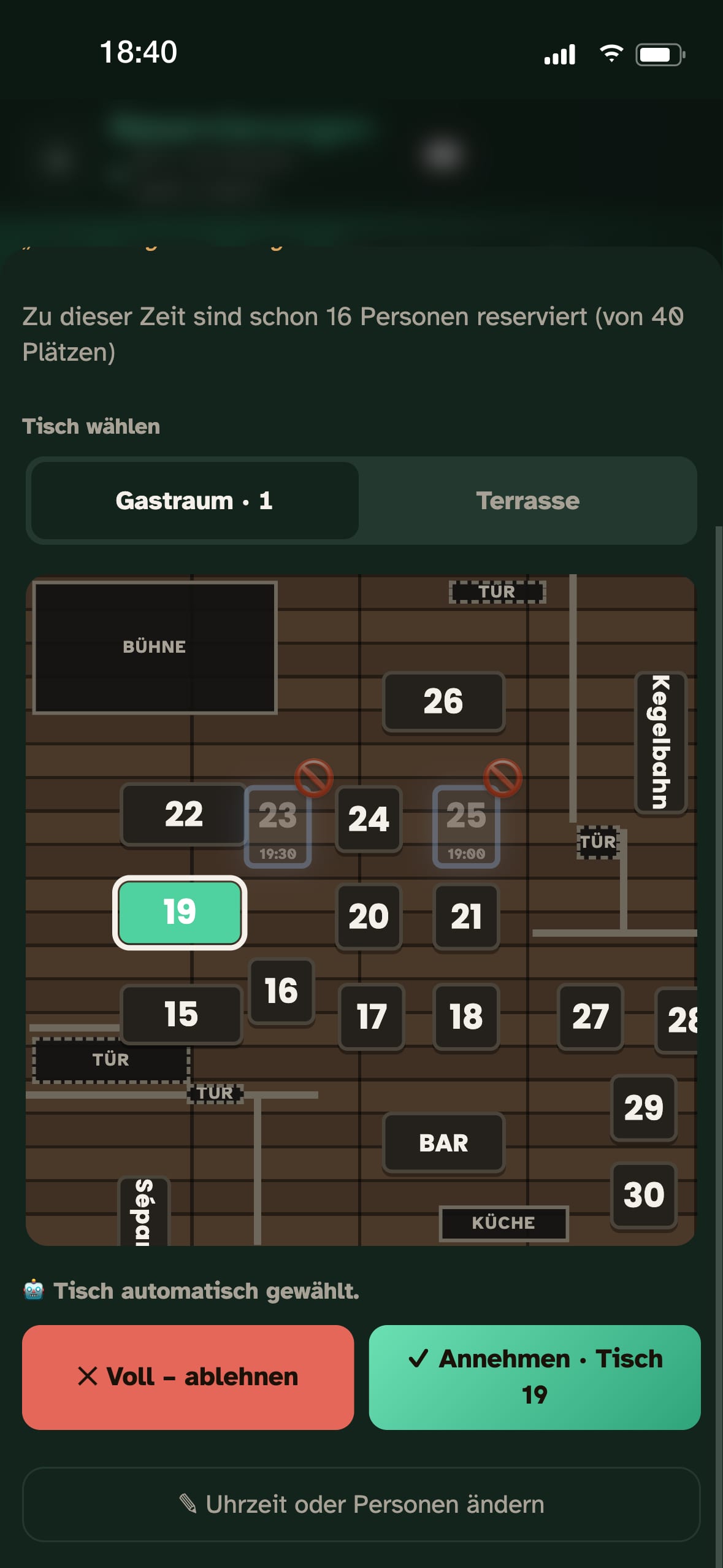 Tisch 19 automatisch gewählt