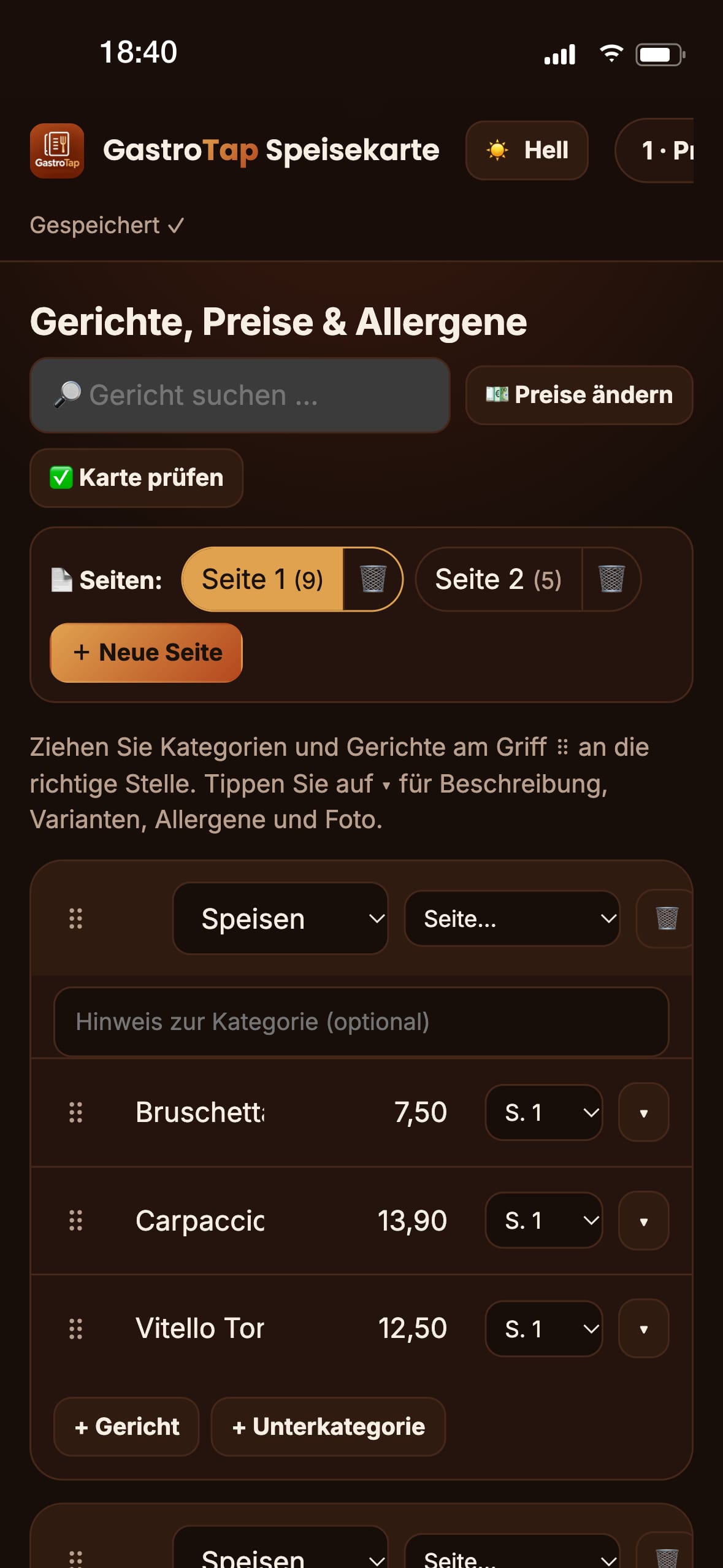 Gerichte und Preise bearbeiten