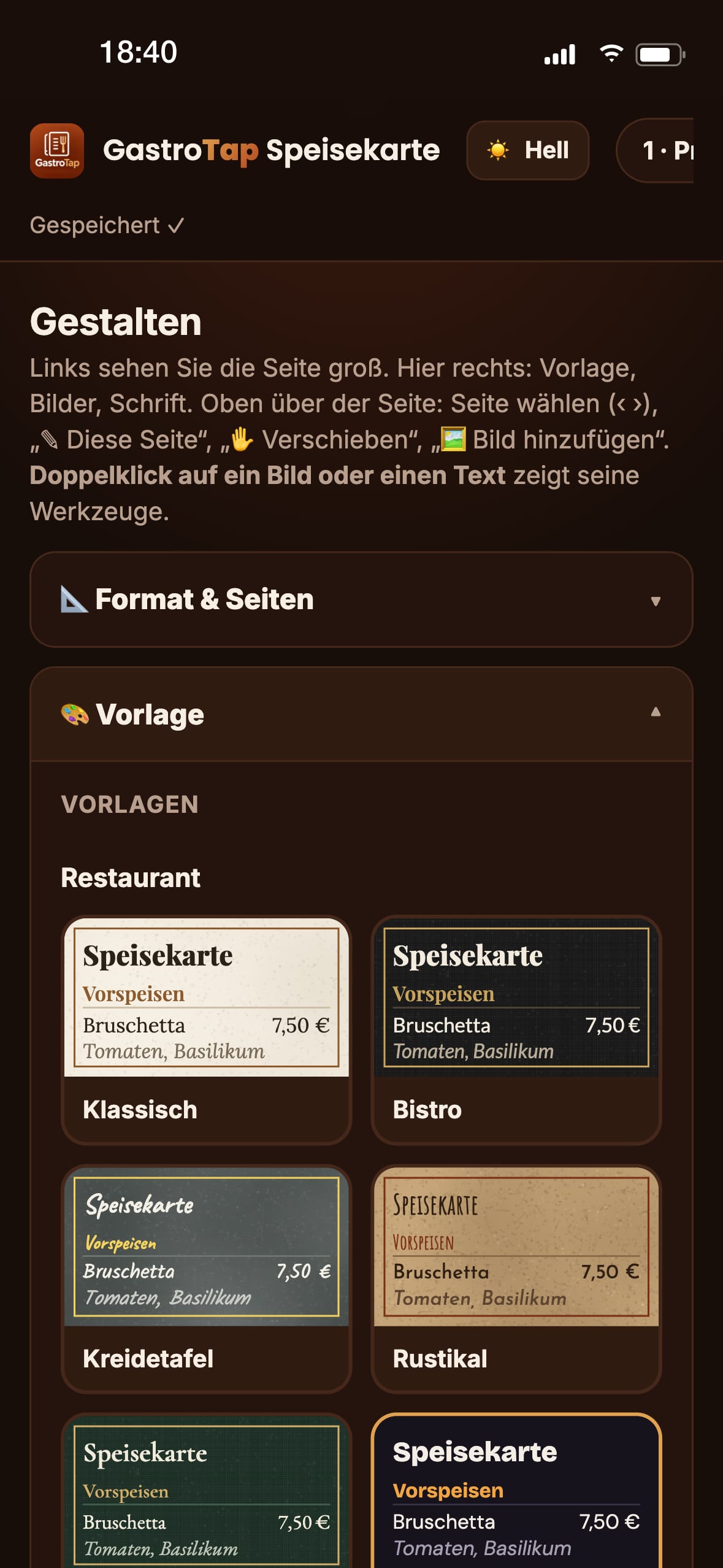 Vorlage für die Speisekarte wählen